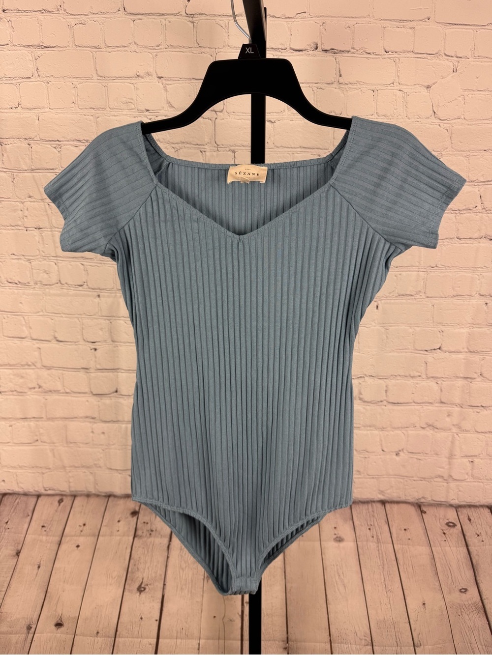 Sezane Dusty Light Blue Ribbed V-Neck Bodysuit Size Medium